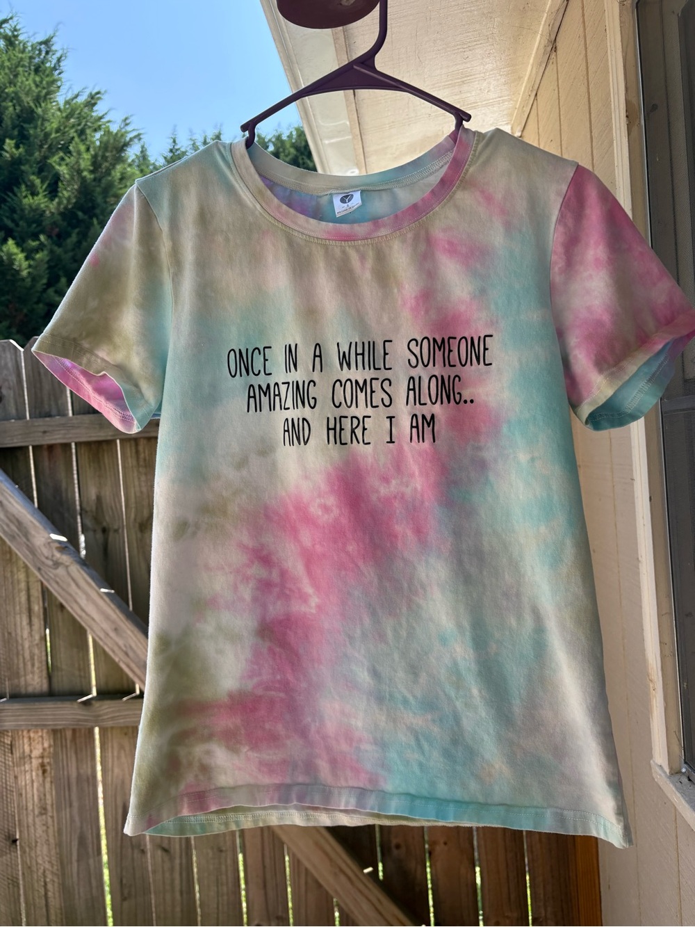 Tie-Dye Tee with 'Once In A While' Text - Pink, Blue & Green